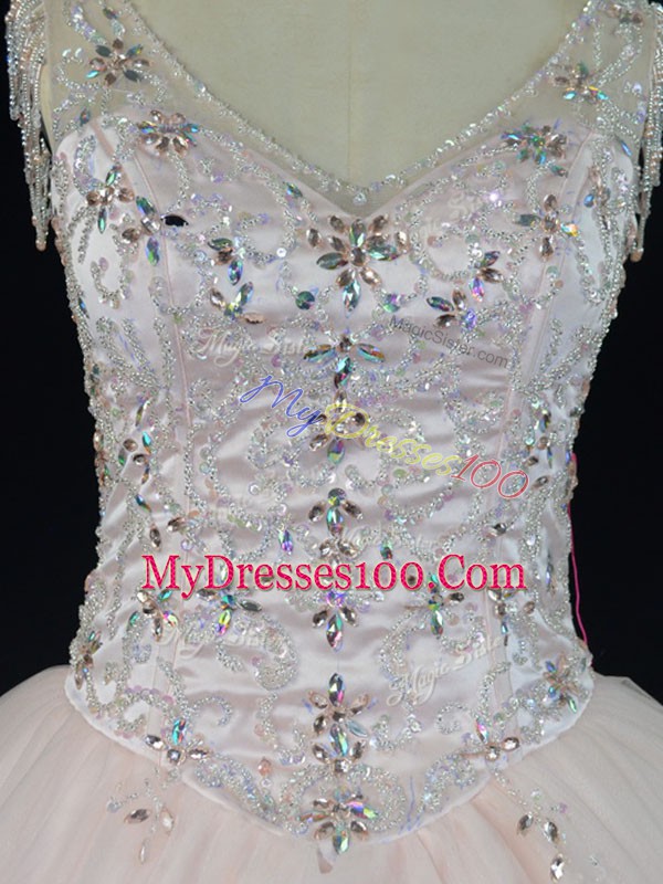 Pink Lace Up Quinceanera Dresses Beading Sleeveless Floor Length