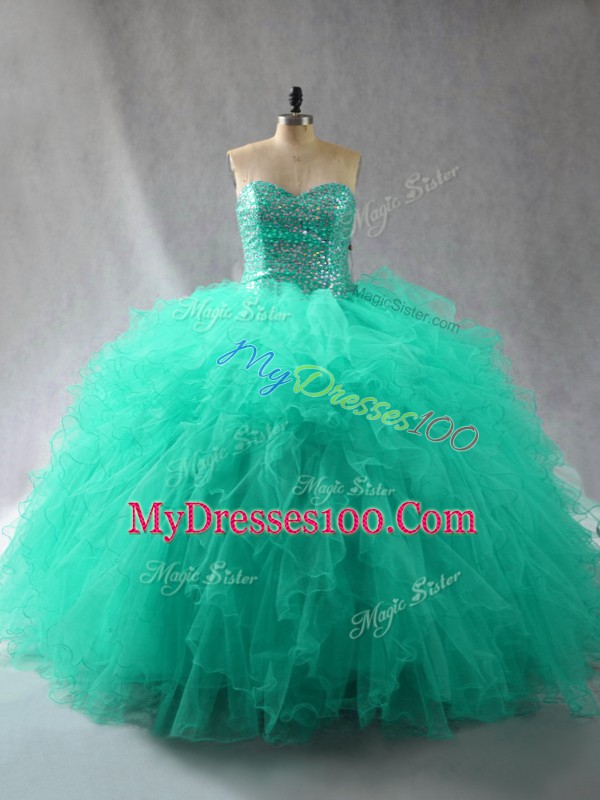Floor Length Turquoise 15th Birthday Dress Sweetheart Sleeveless Lace Up