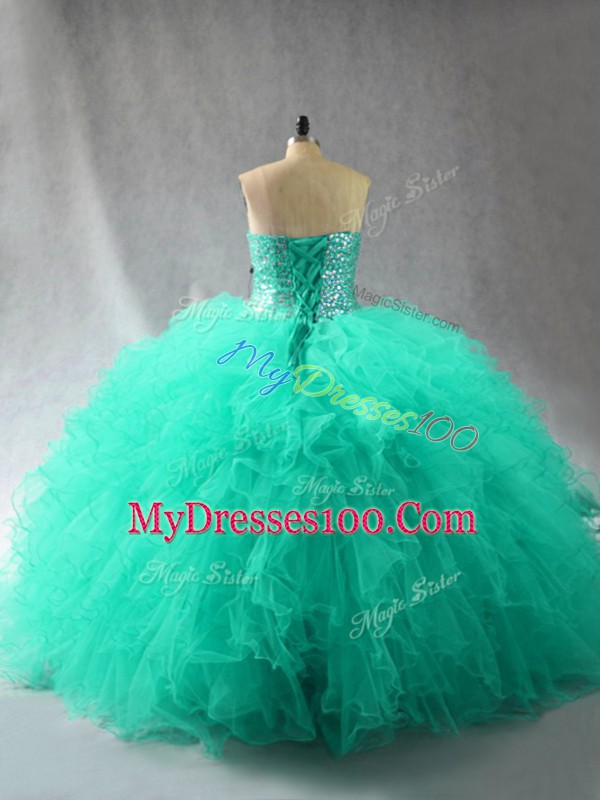 Floor Length Turquoise 15th Birthday Dress Sweetheart Sleeveless Lace Up