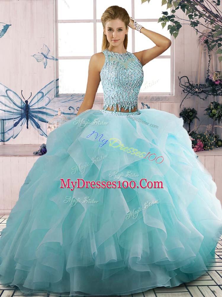 Stunning Aqua Blue Sleeveless Beading and Ruffles Floor Length 15th Birthday Dress