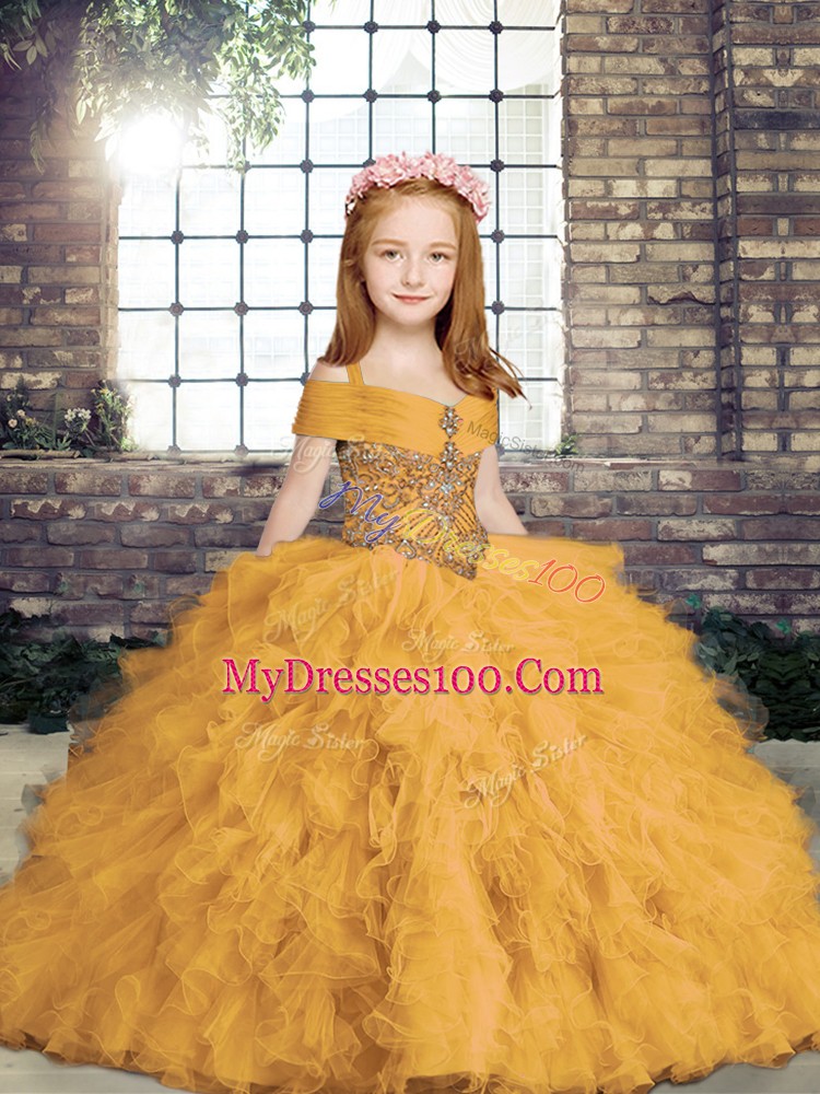 Tulle Straps Sleeveless Lace Up Beading Little Girls Pageant Gowns in Gold