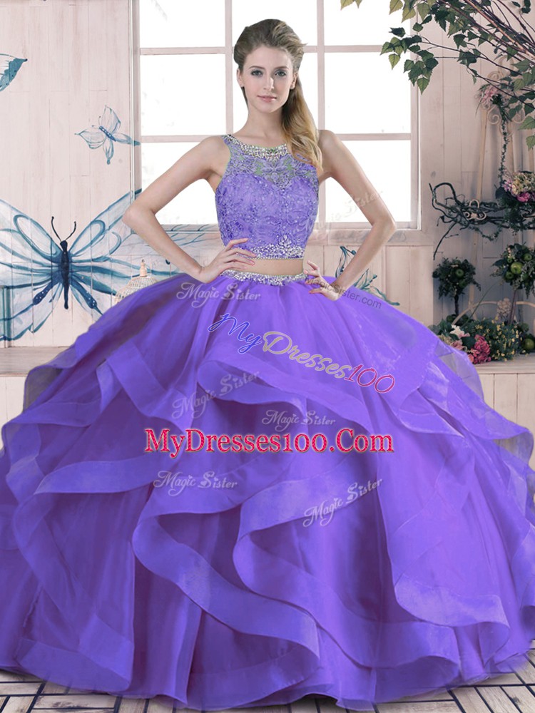 Extravagant Purple Sleeveless Floor Length Beading and Ruffles Lace Up Quinceanera Dress