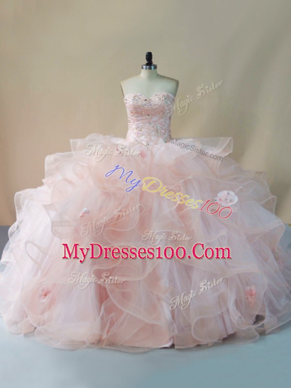 Edgy Beading and Ruffles and Hand Made Flower Quince Ball Gowns Pink Lace Up Sleeveless Brush Train
