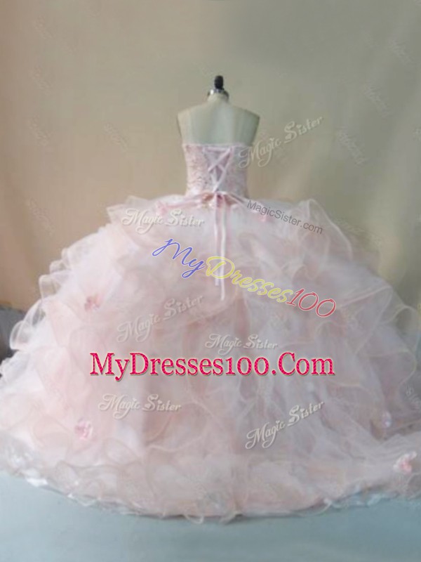 Edgy Beading and Ruffles and Hand Made Flower Quince Ball Gowns Pink Lace Up Sleeveless Brush Train