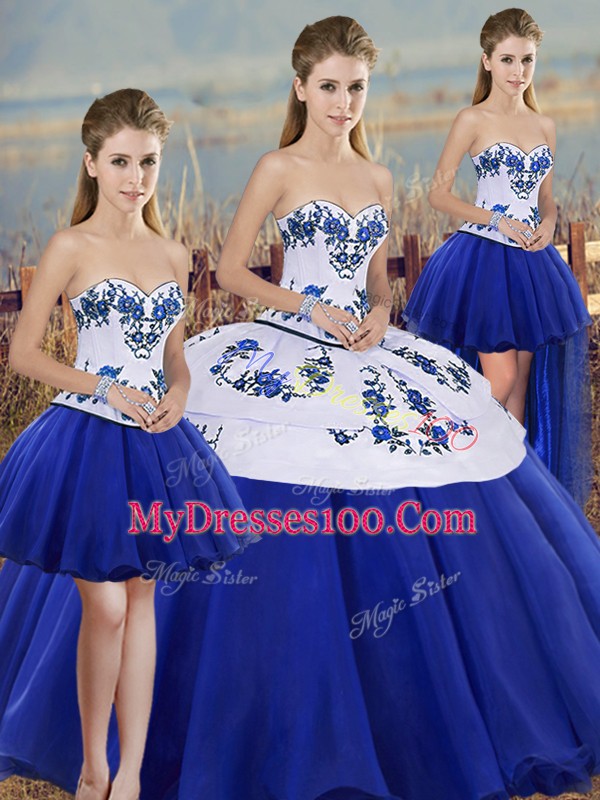 Royal Blue Sleeveless Floor Length Embroidery and Bowknot Lace Up Vestidos de Quinceanera