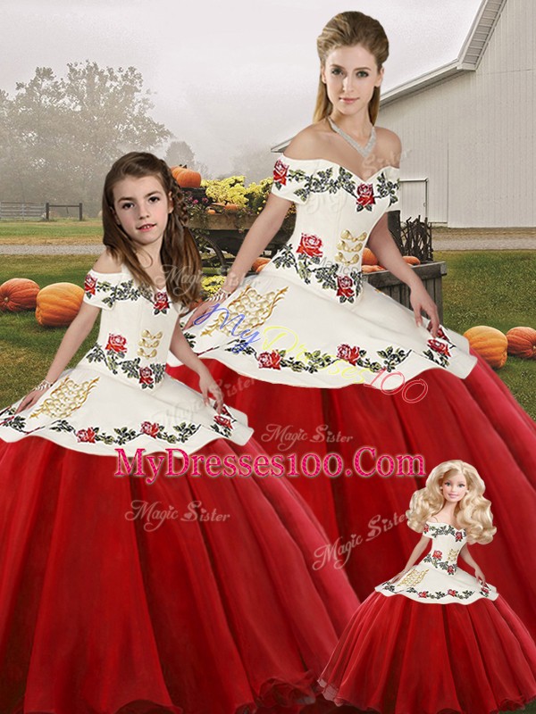Trendy White And Red Ball Gowns Embroidery Ball Gown Prom Dress Lace Up Organza Sleeveless Floor Length