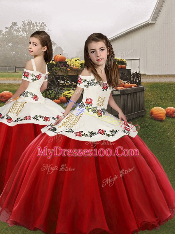 Trendy White And Red Ball Gowns Embroidery Ball Gown Prom Dress Lace Up Organza Sleeveless Floor Length
