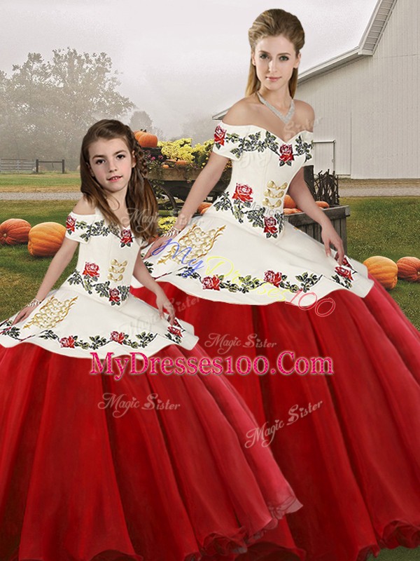 Trendy White And Red Ball Gowns Embroidery Ball Gown Prom Dress Lace Up Organza Sleeveless Floor Length