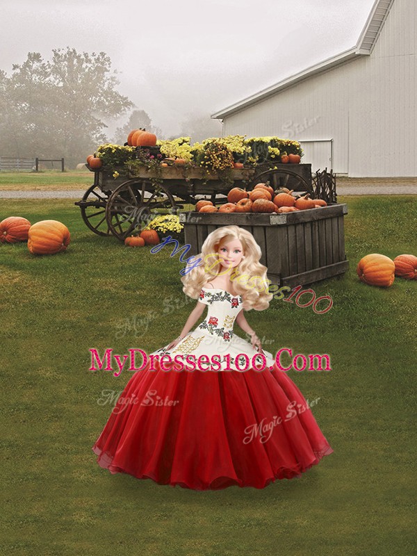 Trendy White And Red Ball Gowns Embroidery Ball Gown Prom Dress Lace Up Organza Sleeveless Floor Length