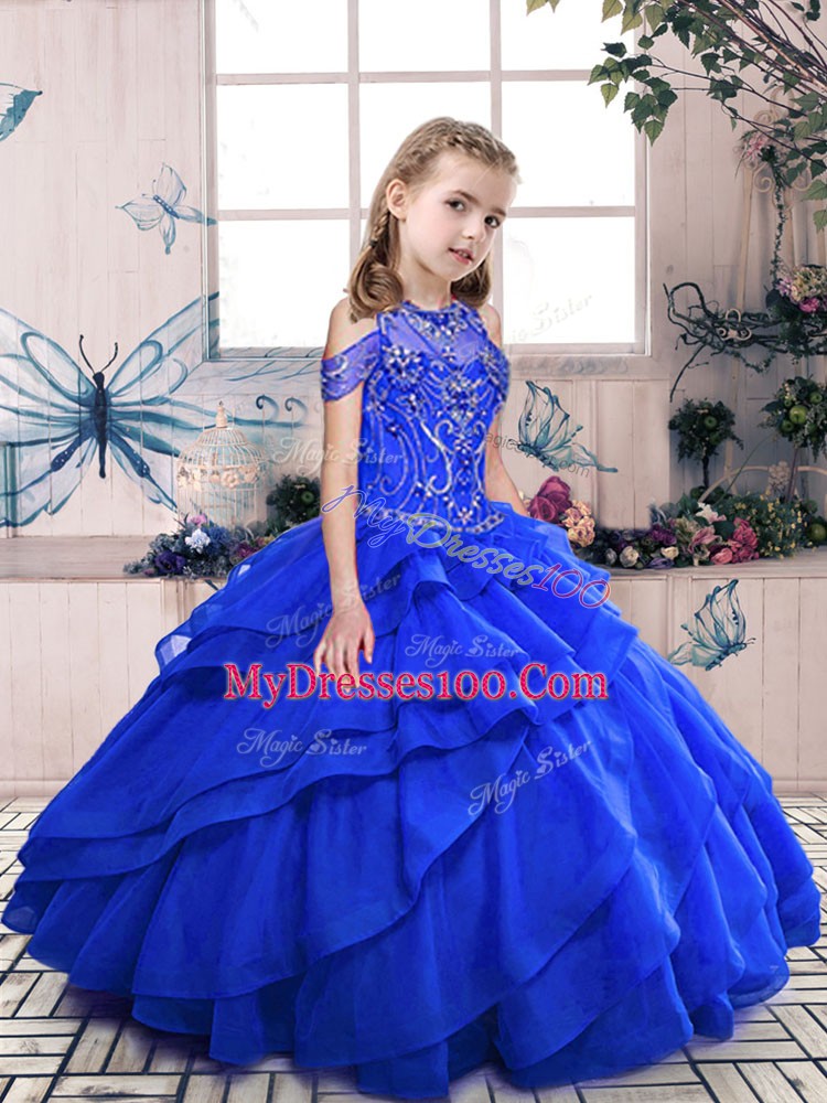 Luxurious Scoop Sleeveless Kids Pageant Dress Floor Length Beading Royal Blue Organza