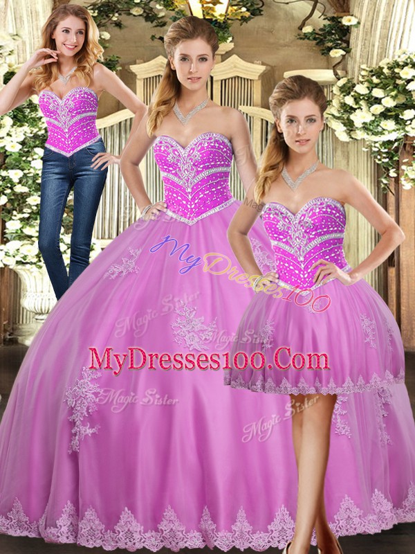 Sweetheart Sleeveless Sweet 16 Dress Floor Length Beading and Appliques Lilac Tulle
