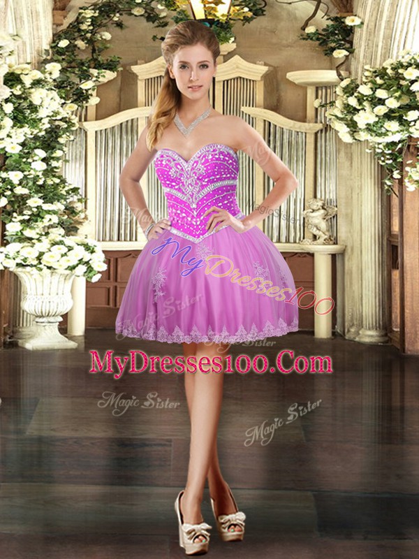 Sweetheart Sleeveless Sweet 16 Dress Floor Length Beading and Appliques Lilac Tulle