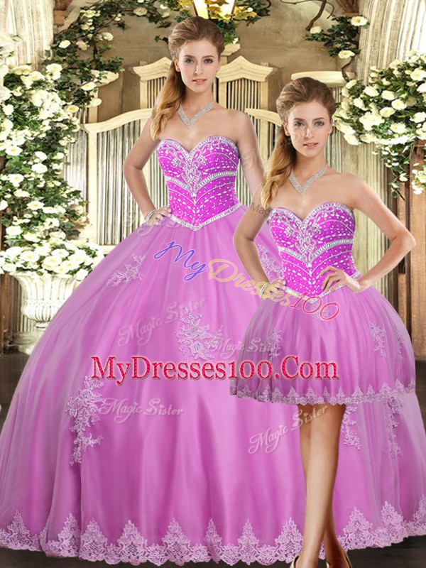 Sweetheart Sleeveless Sweet 16 Dress Floor Length Beading and Appliques Lilac Tulle