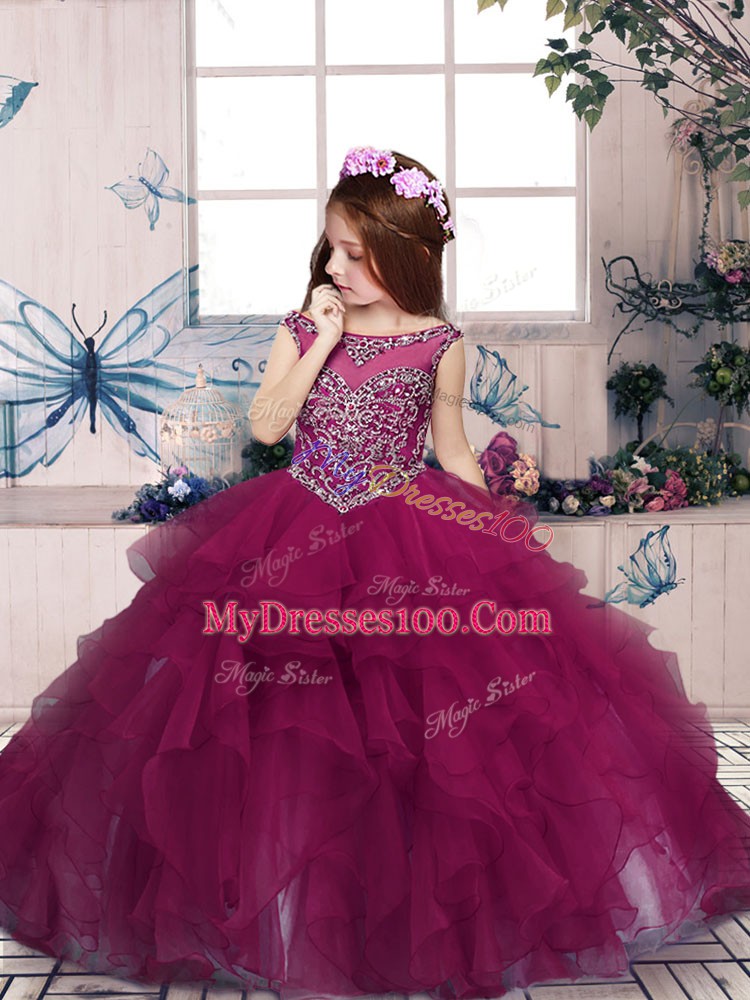 Custom Fit Fuchsia Scoop Neckline Beading and Ruffles Little Girls Pageant Dress Sleeveless Zipper