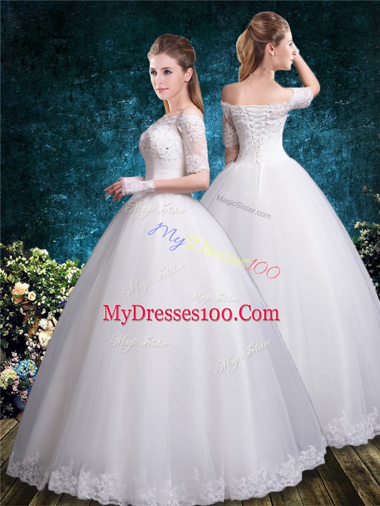 Floor Length White Bridal Gown Tulle Half Sleeves Lace