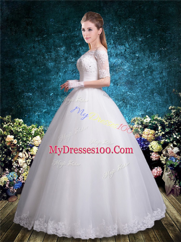 Floor Length White Bridal Gown Tulle Half Sleeves Lace