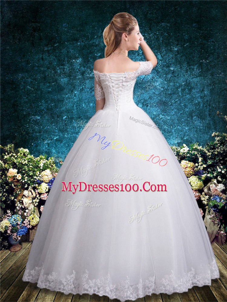 Floor Length White Bridal Gown Tulle Half Sleeves Lace