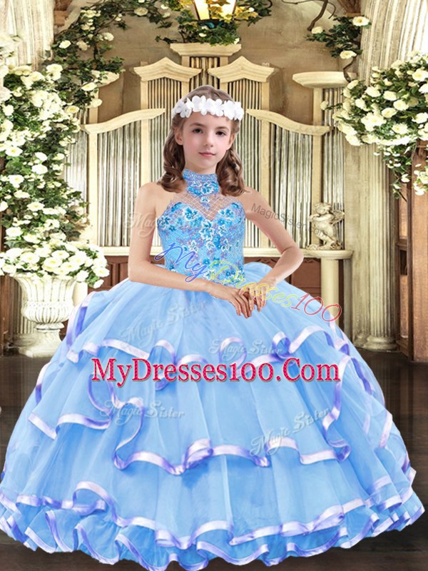 Baby Blue Organza Lace Up High-neck Sleeveless Floor Length Little Girls Pageant Dress Wholesale Appliques and Ruffled Layers