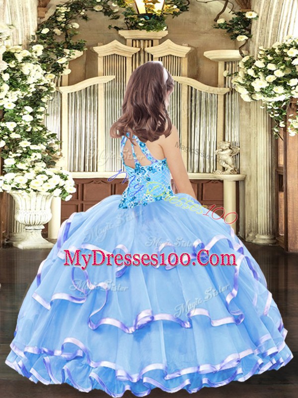 Baby Blue Organza Lace Up High-neck Sleeveless Floor Length Little Girls Pageant Dress Wholesale Appliques and Ruffled Layers