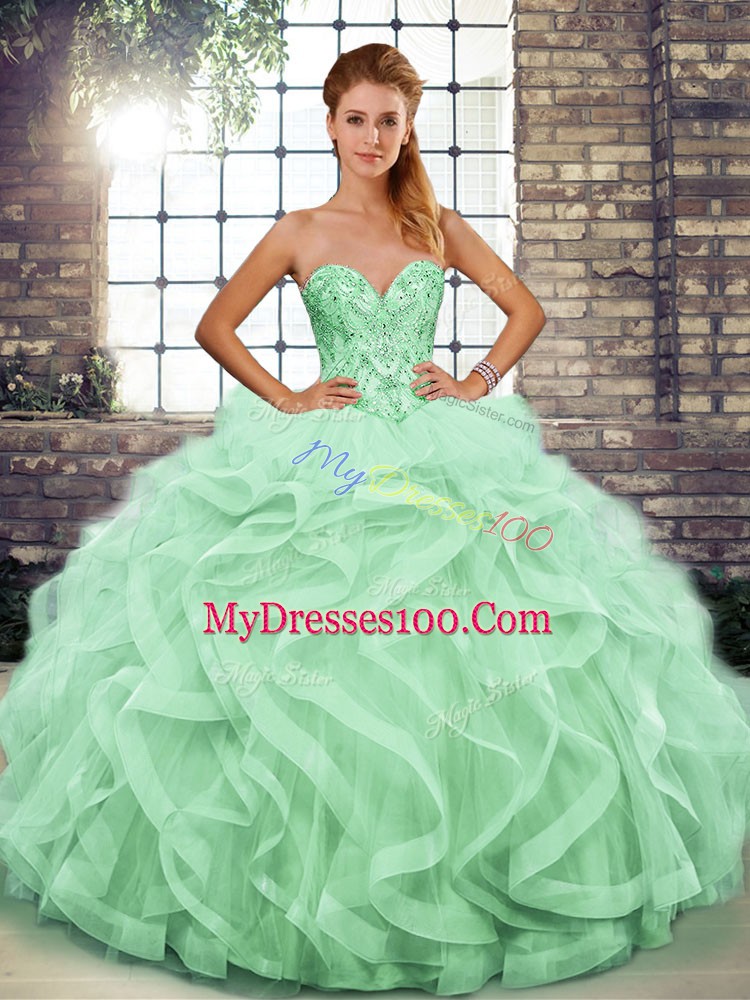 Admirable Apple Green Sweetheart Lace Up Beading and Ruffles Quinceanera Dresses Sleeveless