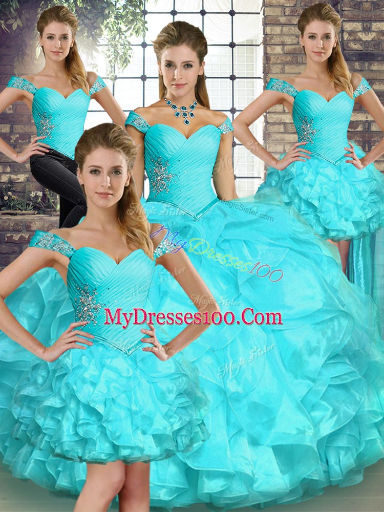 Organza Sleeveless Floor Length 15 Quinceanera Dress and Beading and Ruffles