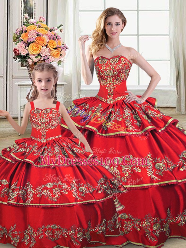 Glamorous Red Ball Gowns Sweetheart Sleeveless Satin and Organza Floor Length Lace Up Embroidery and Ruffled Layers Sweet 16 Dress