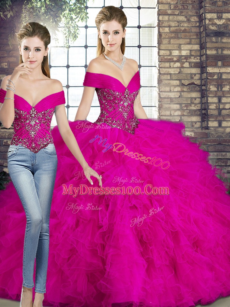 Adorable Fuchsia Lace Up Off The Shoulder Beading and Ruffles Vestidos de Quinceanera Tulle Sleeveless