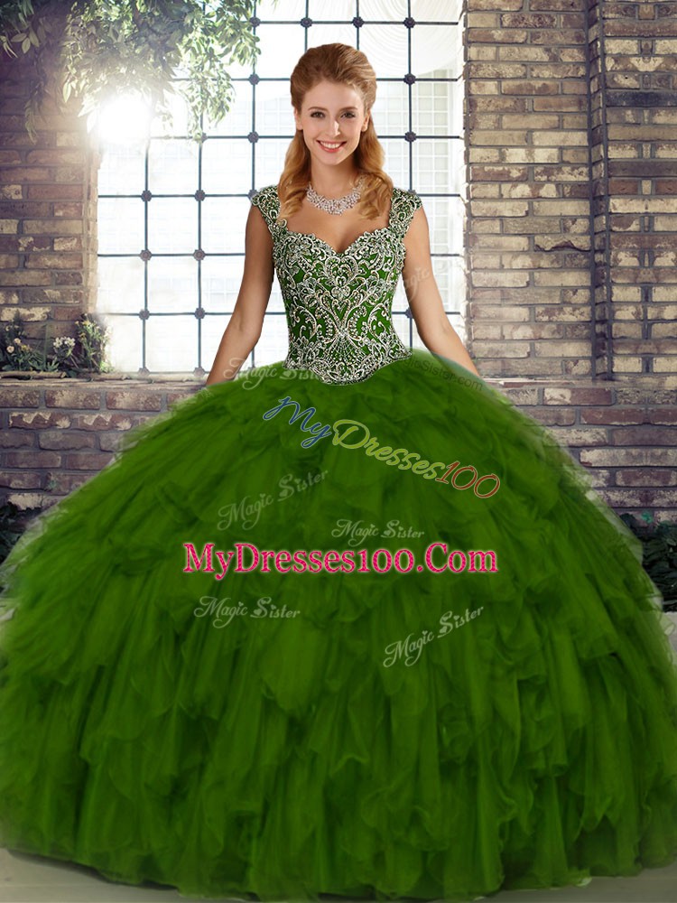 Elegant Sleeveless Floor Length Beading and Ruffles Lace Up Quinceanera Gown with Olive Green