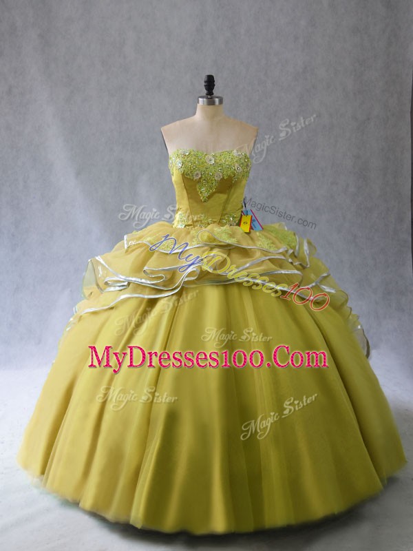Tulle Sweetheart Sleeveless Brush Train Lace Up Appliques and Ruffles 15th Birthday Dress in Olive Green