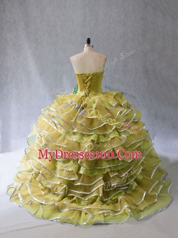 Tulle Sweetheart Sleeveless Brush Train Lace Up Appliques and Ruffles 15th Birthday Dress in Olive Green