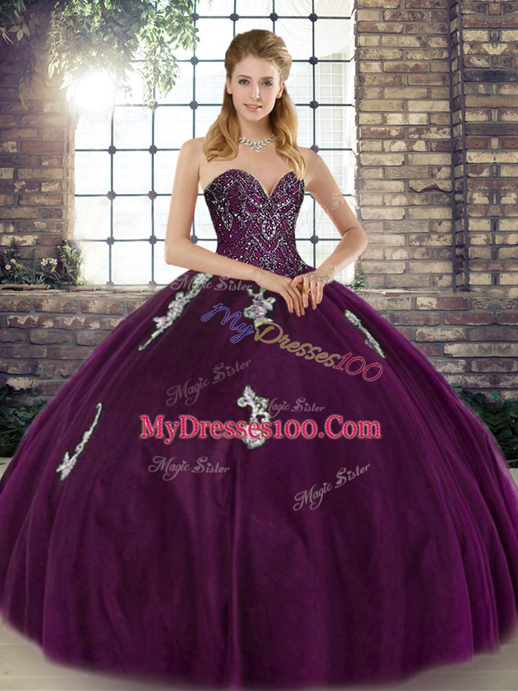 Comfortable Dark Purple Sweetheart Neckline Beading and Appliques Quinceanera Gowns Sleeveless Lace Up