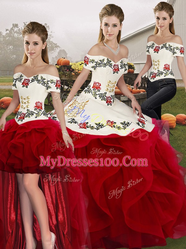 Sophisticated Sleeveless Floor Length Embroidery and Ruffles Lace Up 15 Quinceanera Dress with White And Red
