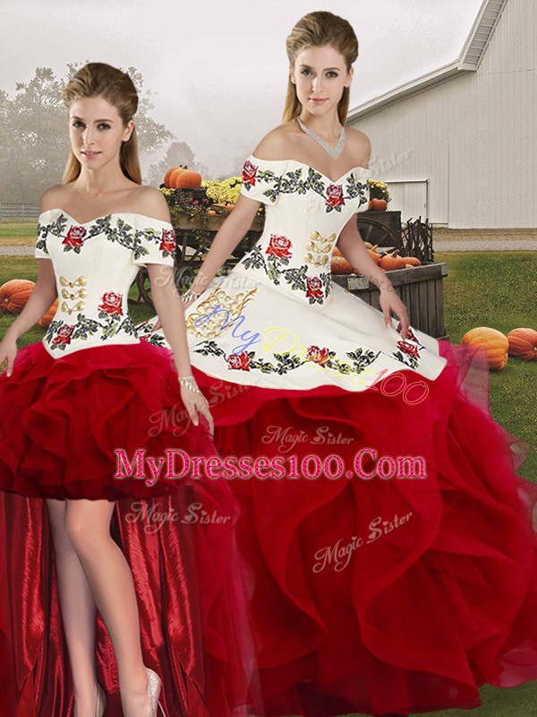 Sophisticated Sleeveless Floor Length Embroidery and Ruffles Lace Up 15 Quinceanera Dress with White And Red
