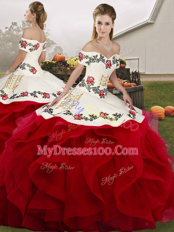 Sophisticated Sleeveless Floor Length Embroidery and Ruffles Lace Up 15 Quinceanera Dress with White And Red