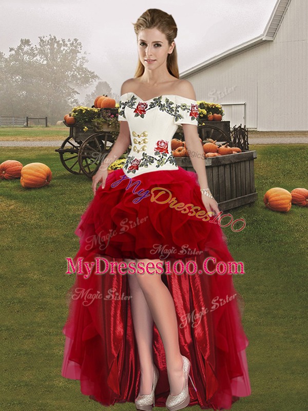 Sophisticated Sleeveless Floor Length Embroidery and Ruffles Lace Up 15 Quinceanera Dress with White And Red