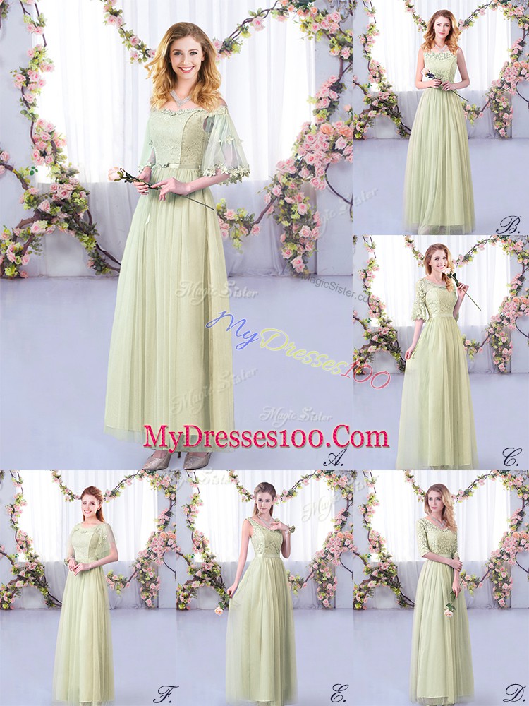 Yellow Green Half Sleeves Lace and Belt Floor Length Quinceanera Dama Dress