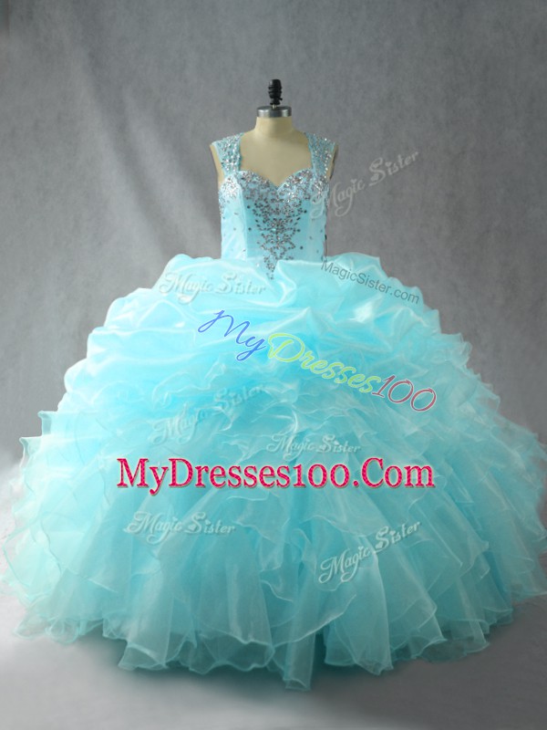 Aqua Blue Tulle Zipper Straps Sleeveless Quinceanera Dress Beading and Ruffles