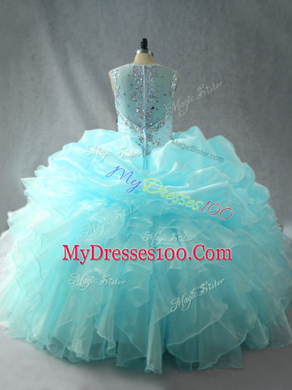 Aqua Blue Tulle Zipper Straps Sleeveless Quinceanera Dress Beading and Ruffles