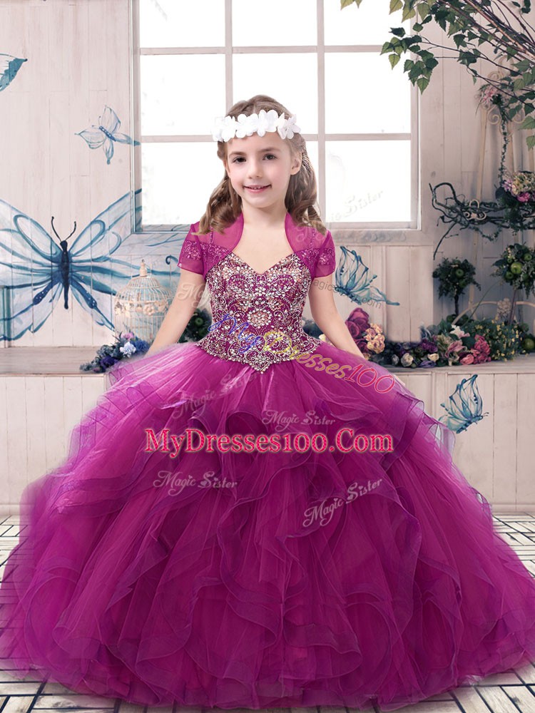 New Arrival Fuchsia Sleeveless Tulle Lace Up Little Girls Pageant Dress for Party and Sweet 16 and Wedding Party