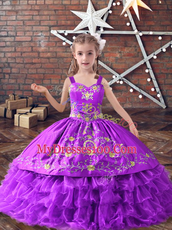 Exquisite Lavender Straps Neckline Embroidery and Ruffled Layers Pageant Gowns For Girls Sleeveless Lace Up