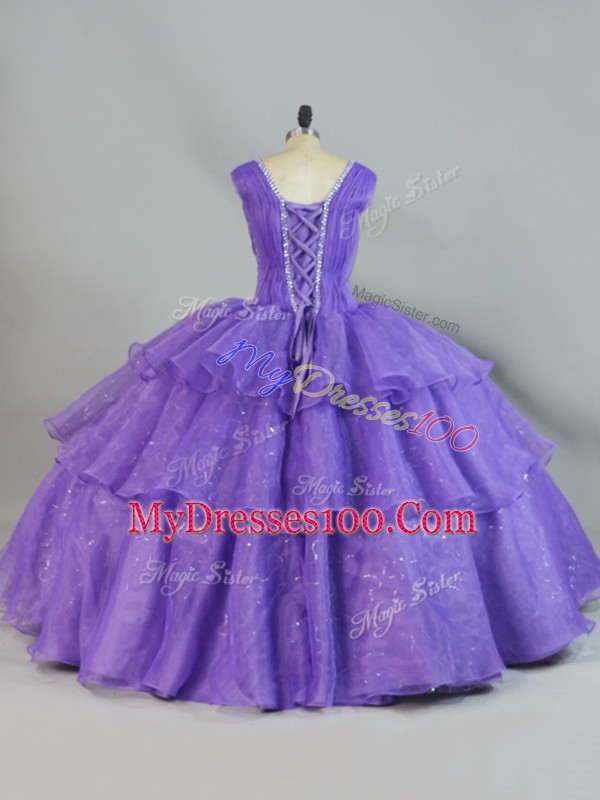 Exquisite Lavender Sleeveless Floor Length Beading and Ruffled Layers Lace Up Sweet 16 Dress