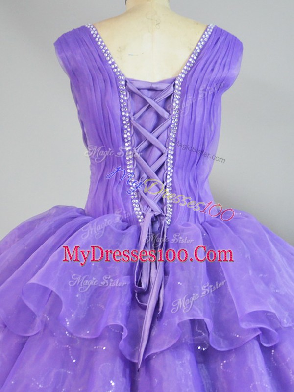 Exquisite Lavender Sleeveless Floor Length Beading and Ruffled Layers Lace Up Sweet 16 Dress