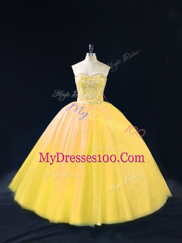 Gold Lace Up Sweetheart Beading Quinceanera Dress Tulle Sleeveless