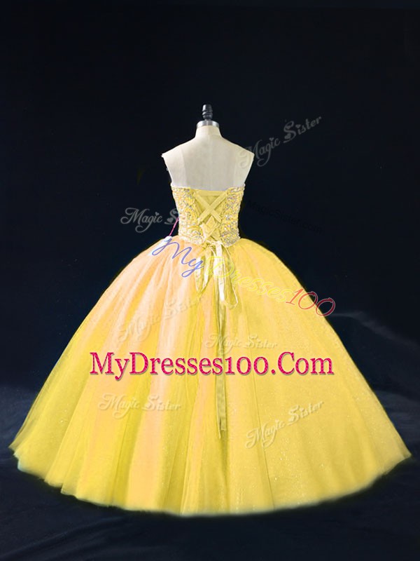 Gold Lace Up Sweetheart Beading Quinceanera Dress Tulle Sleeveless