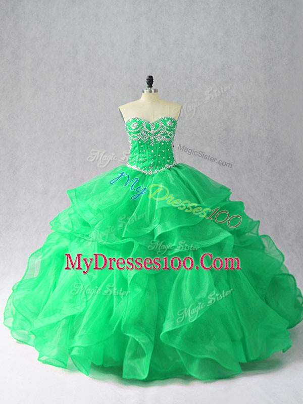 Sweetheart Sleeveless Sweet 16 Dresses Floor Length Beading and Ruffles Green Organza