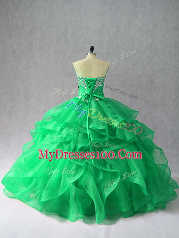 Sweetheart Sleeveless Sweet 16 Dresses Floor Length Beading and Ruffles Green Organza