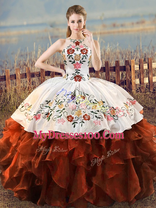 Lovely Sleeveless Lace Up Floor Length Embroidery and Ruffles Sweet 16 Dresses