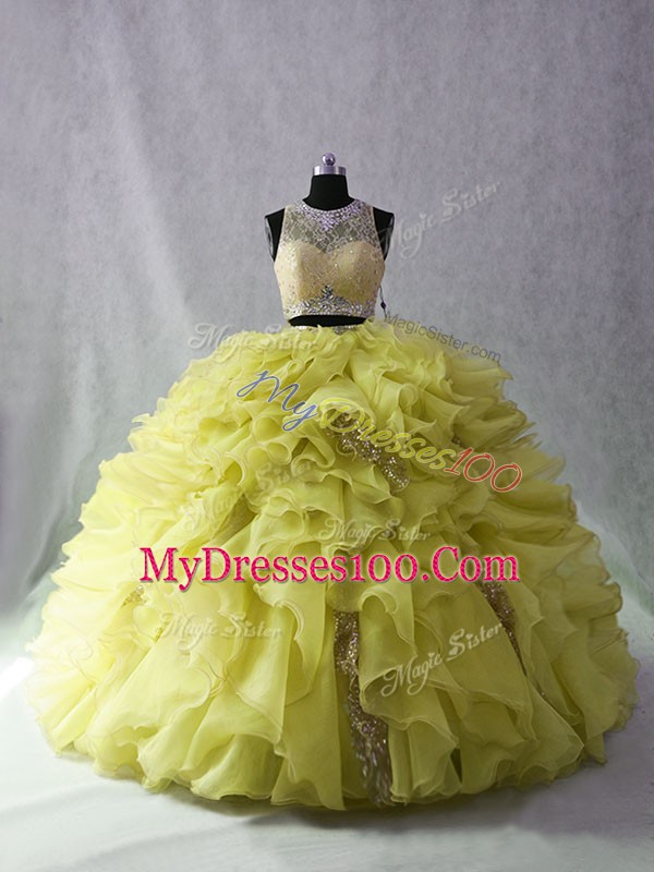Glittering Organza and Sequined Scoop Sleeveless Brush Train Zipper Beading and Ruffles Quinceanera Dresses in Yellow Green