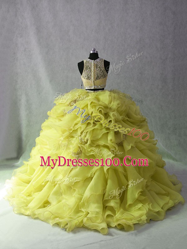 Glittering Organza and Sequined Scoop Sleeveless Brush Train Zipper Beading and Ruffles Quinceanera Dresses in Yellow Green