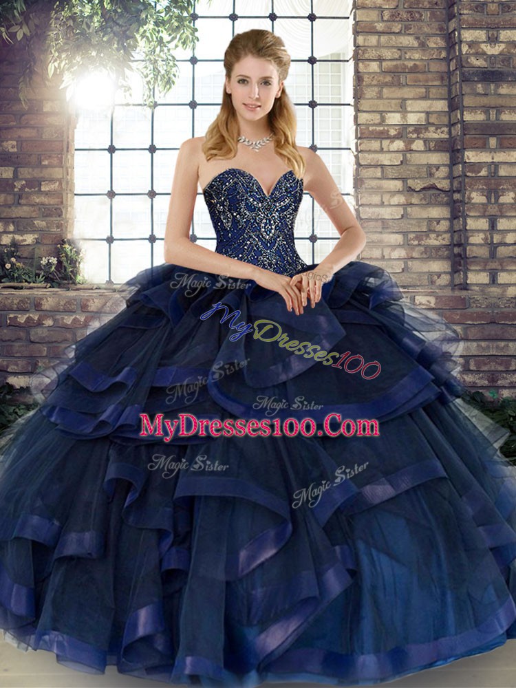 Charming Sweetheart Sleeveless Tulle Quinceanera Dresses Beading and Ruffles Lace Up